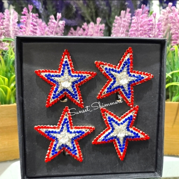 x4 4th Of July Patriotic Stars Jeweled Americana Rhinestone Napkin Rings Set New - Picture 1 of 6
